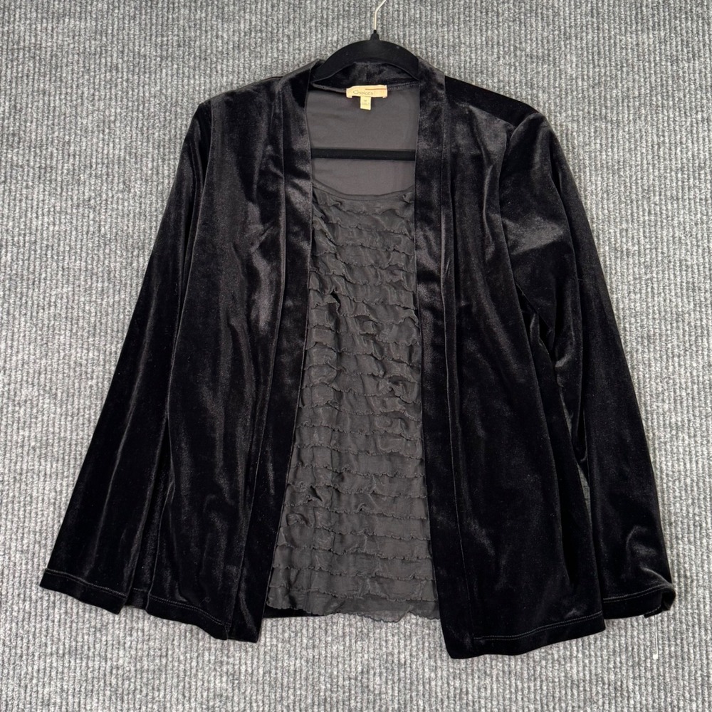 Choices Womens M Black Velvet Ruffle Cardigan Top Y2K Goth Glam Witchy Evening